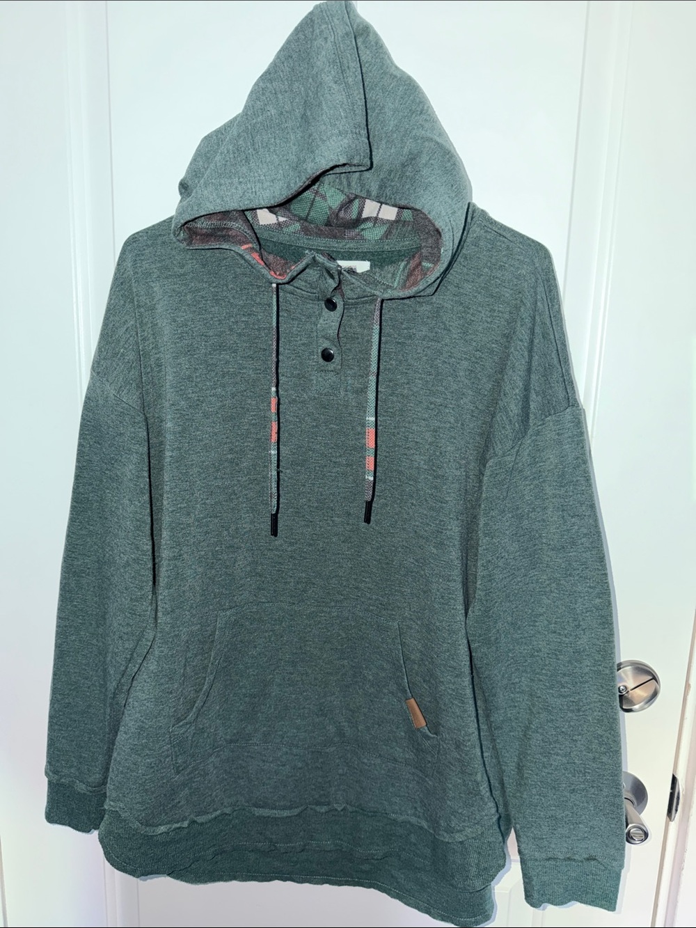Maurices Heather Green Pullover Hoodie with Plaid Lined Hood
